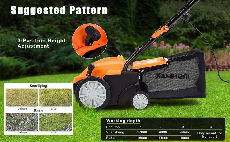 Eletriclife 12Amp Corded Scarifier 13 Inches Electric Lawn Mower with 40L Collection Bag