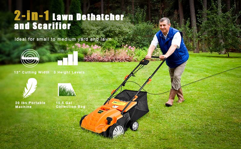 Eletriclife 12Amp Corded Scarifier 13 Inches Electric Lawn Mower with 40L Collection Bag